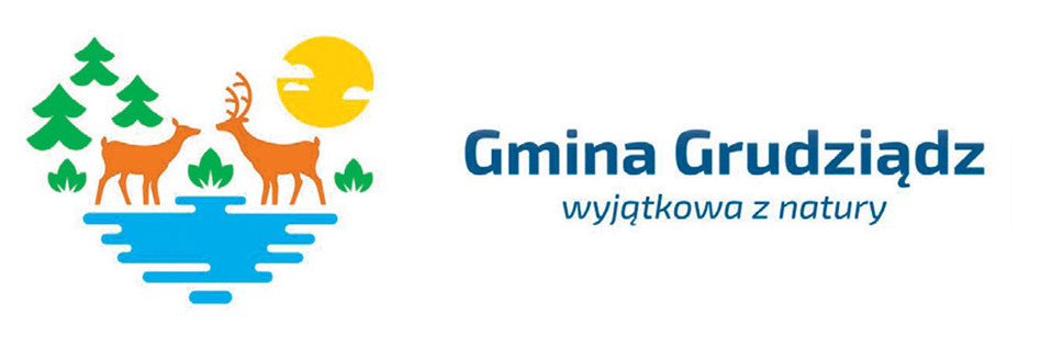 Logo promocyjne Gminy Grudziądz. Przedstawia las ze zwierzętami na wodą w słoneczny dzień. Podpis: 